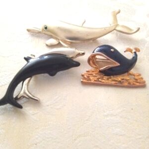 Sea Mammal Brooch Lot Of 3, Whale Dolphins  Bottle Nose Dolphin Ocean Life VTG